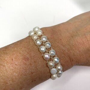 Genuine Pearl Dual Strand Braided Stretch Bracelet Regency White Coin Pearls OS
